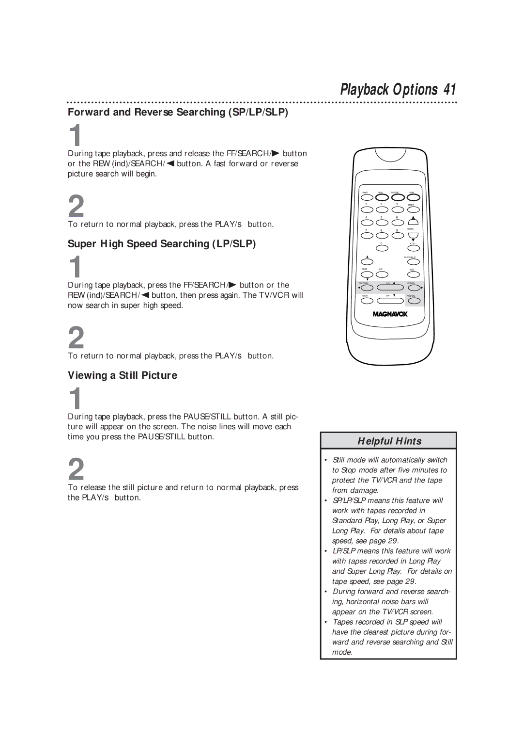 Magnavox CC13B1MG owner manual Playback Options, Forward and Reverse Searching SP/LP/SLP, Super High Speed Searching LP/SLP 