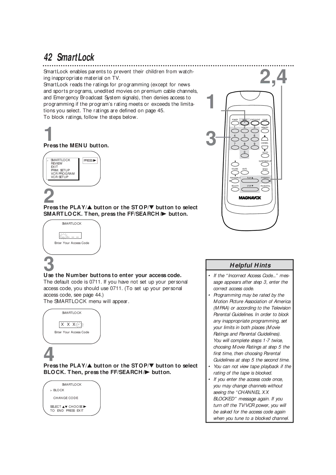 Magnavox CC13B1MG owner manual SmartLock, Enter Your Access Code 