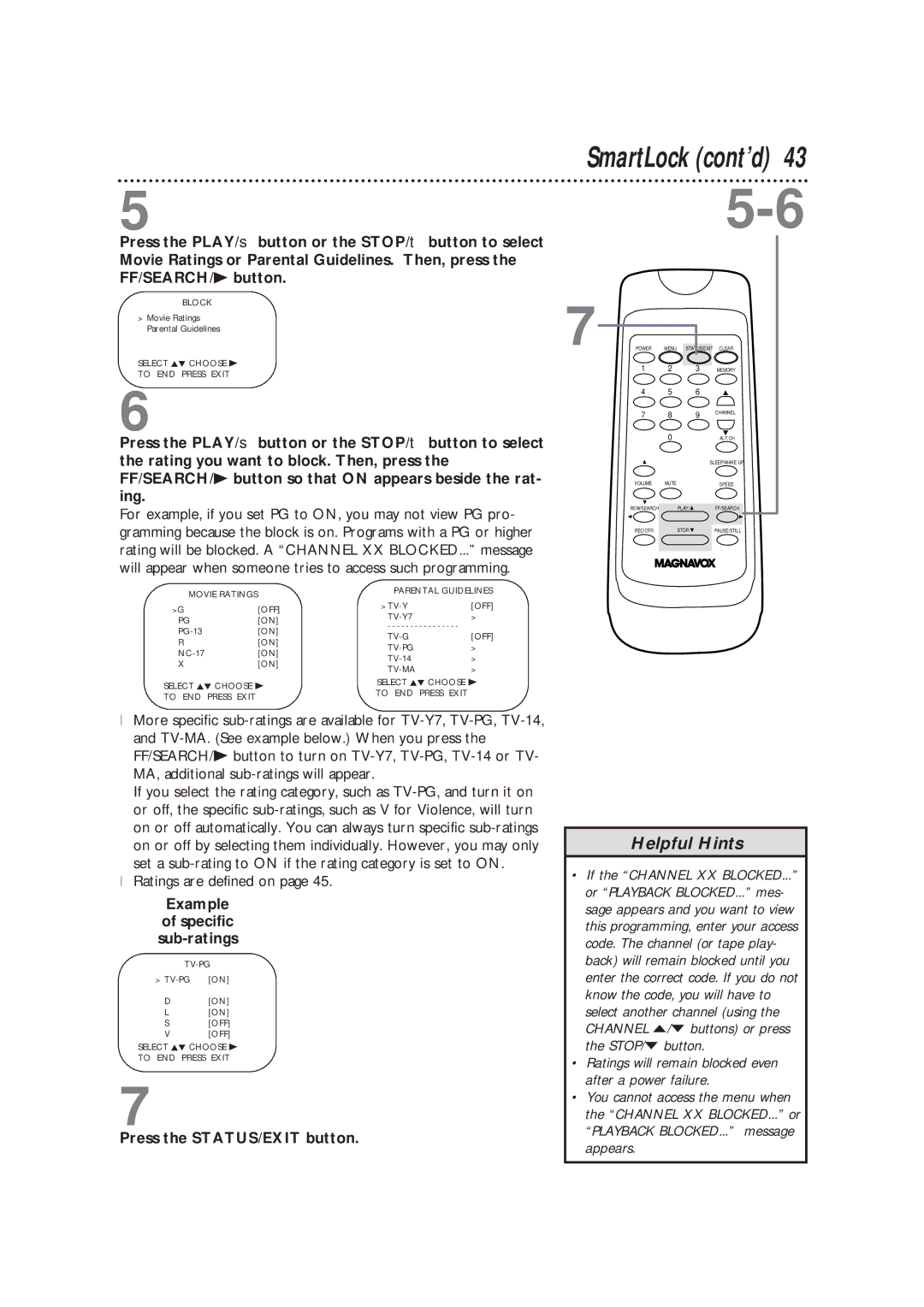 Magnavox CC13B1MG owner manual SmartLock cont’d, Example Specific Sub-ratings 