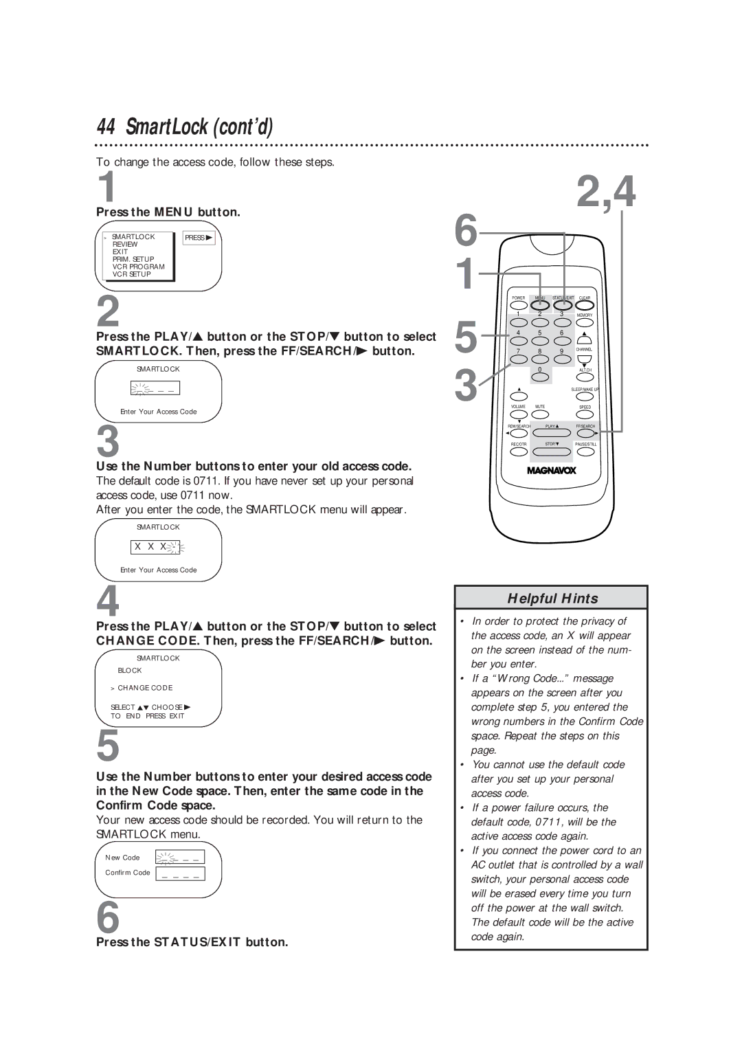 Magnavox CC13B1MG owner manual To change the access code, follow these steps 