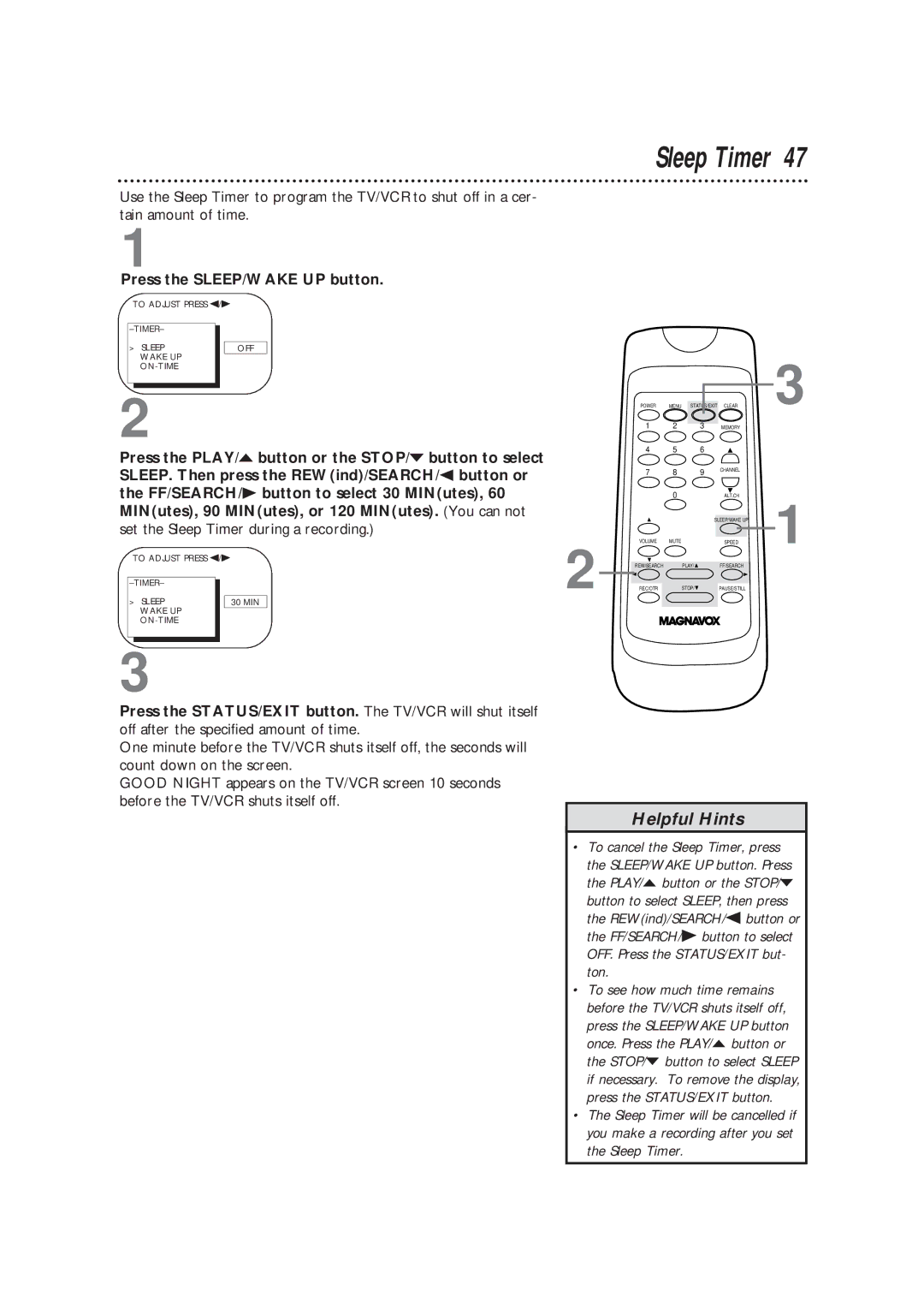 Magnavox CC13B1MG owner manual Sleep Timer 