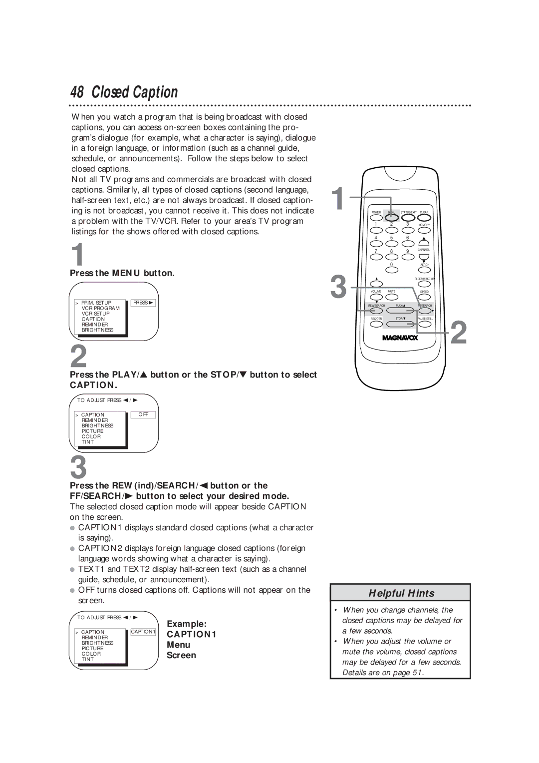 Magnavox CC13B1MG owner manual Closed Caption, Example, Menu, Screen 