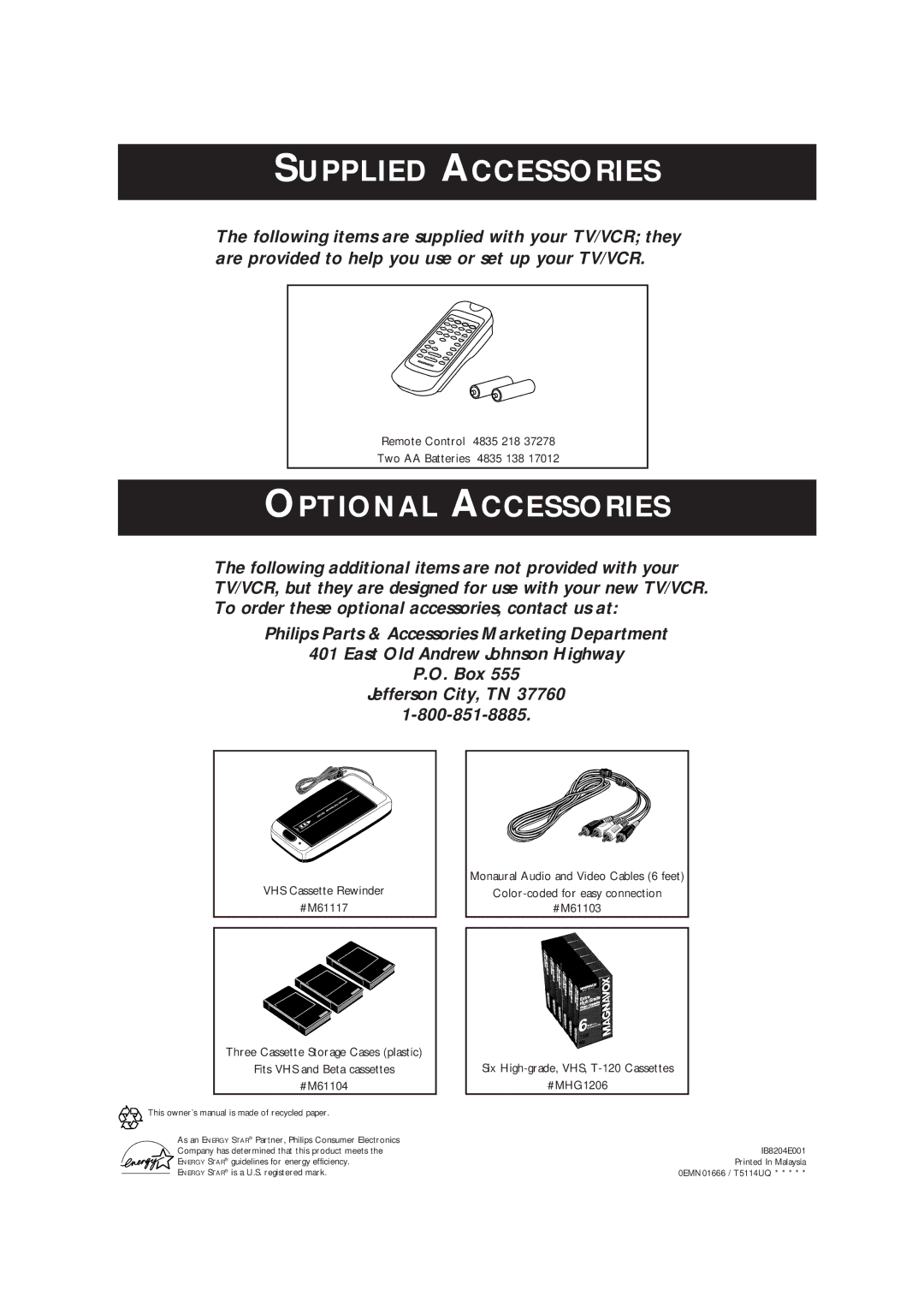 Magnavox CC13B1MG owner manual Supplied Accessories 