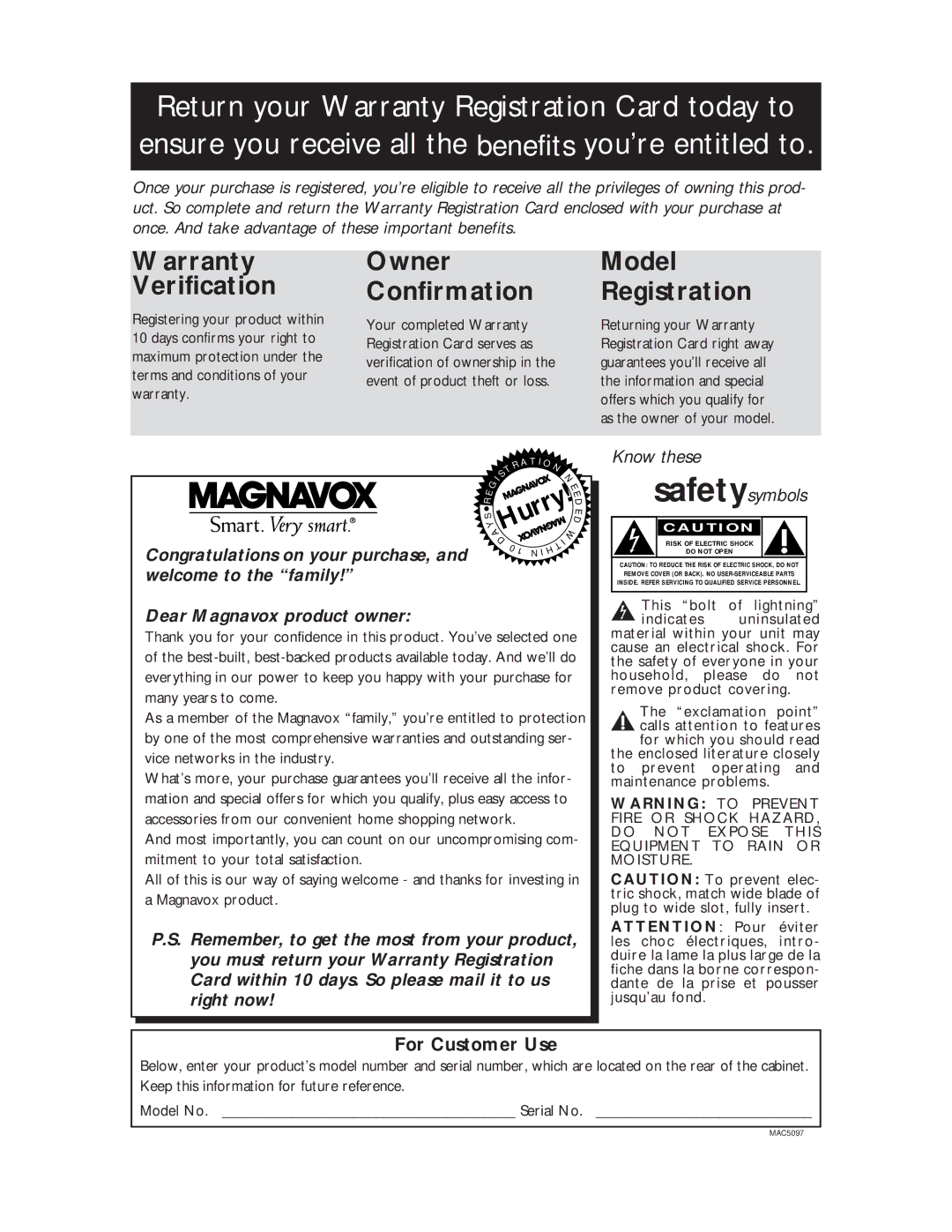 Magnavox CC13C1MG, CC19C1MG owner manual Warranty Verification, For Customer Use 