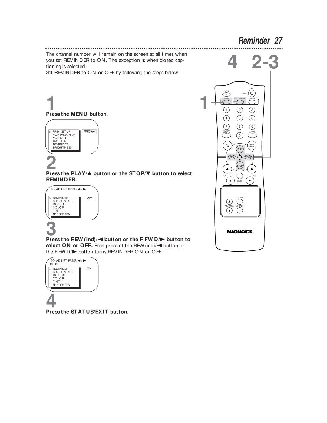 Magnavox CC19C1MG, CC13C1MG owner manual Reminder, Off 