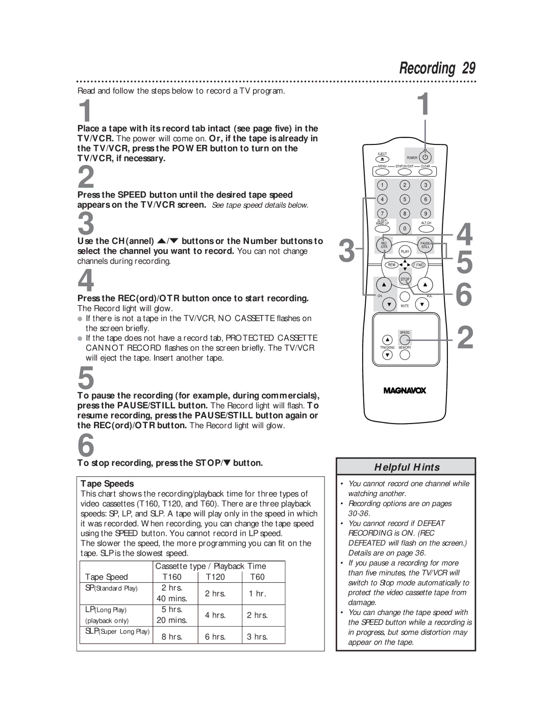 Magnavox CC19C1MG, CC13C1MG owner manual Recording, Read and follow the steps below to record a TV program, Hrs 