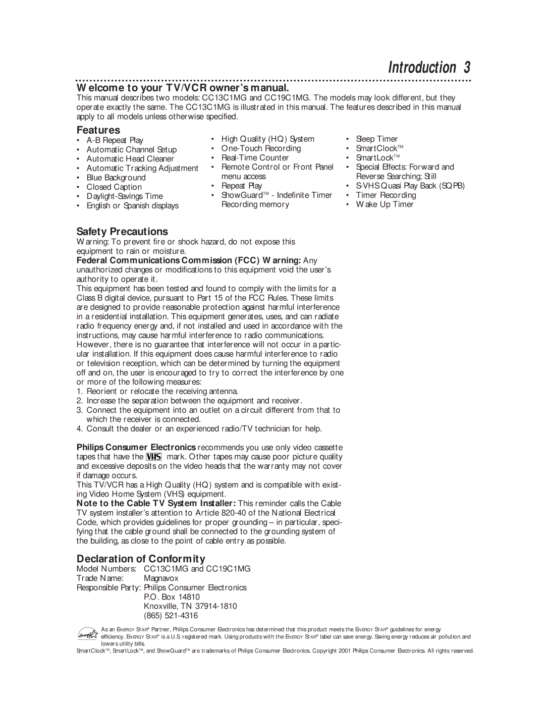 Magnavox CC19C1MG, CC13C1MG owner manual Introduction, Features, Safety Precautions, Declaration of Conformity 