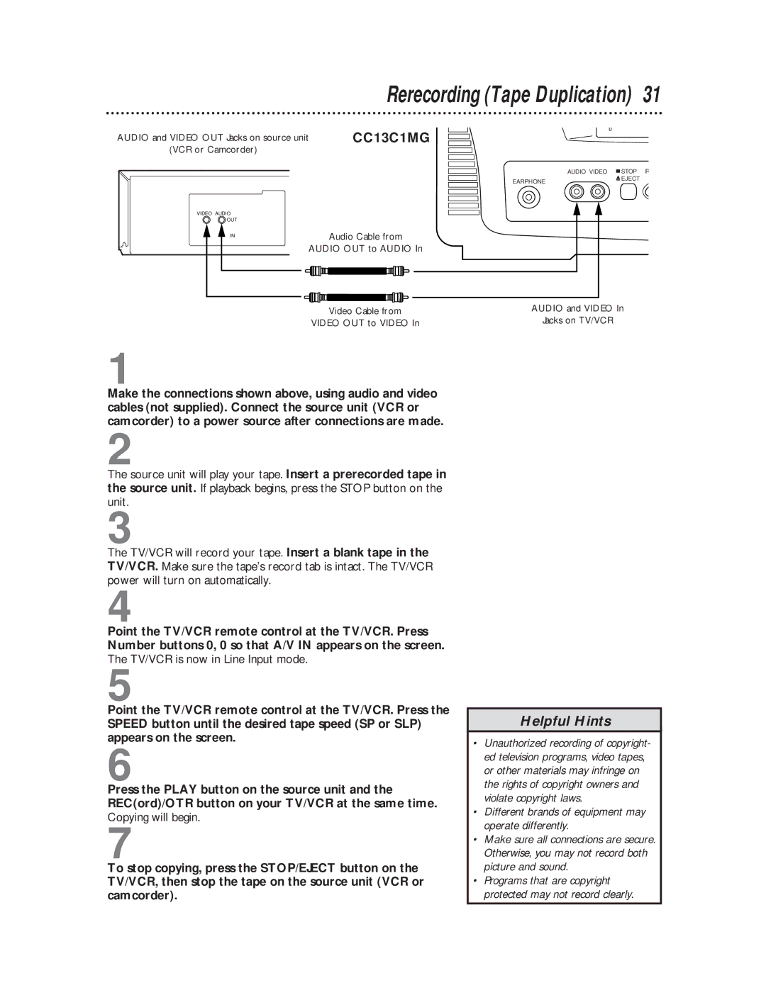 Magnavox CC19C1MG, CC13C1MG owner manual Rerecording Tape Duplication, TV/VCR is now in Line Input mode 