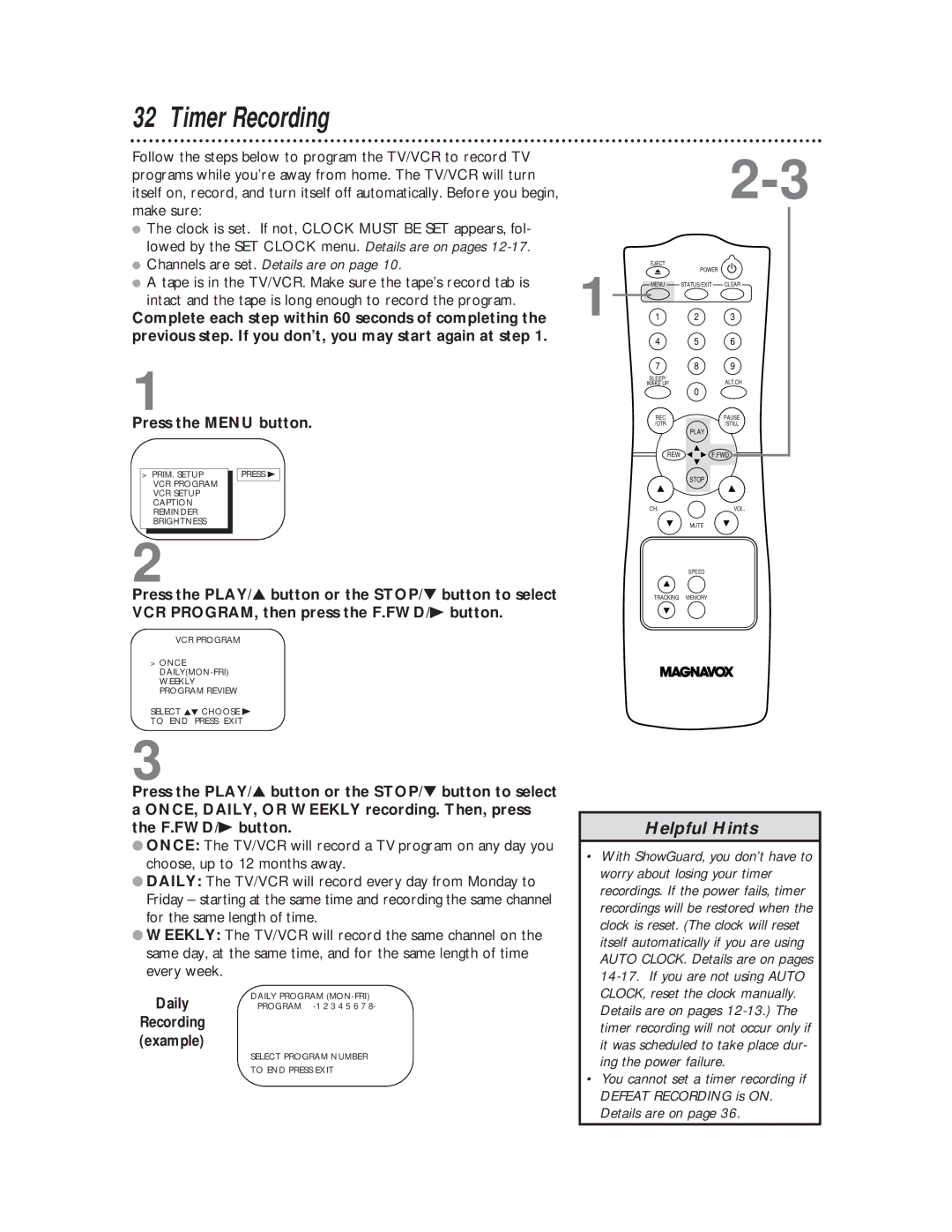 Magnavox CC13C1MG, CC19C1MG owner manual Timer Recording, Daily, Select Program Number To END Press Exit 