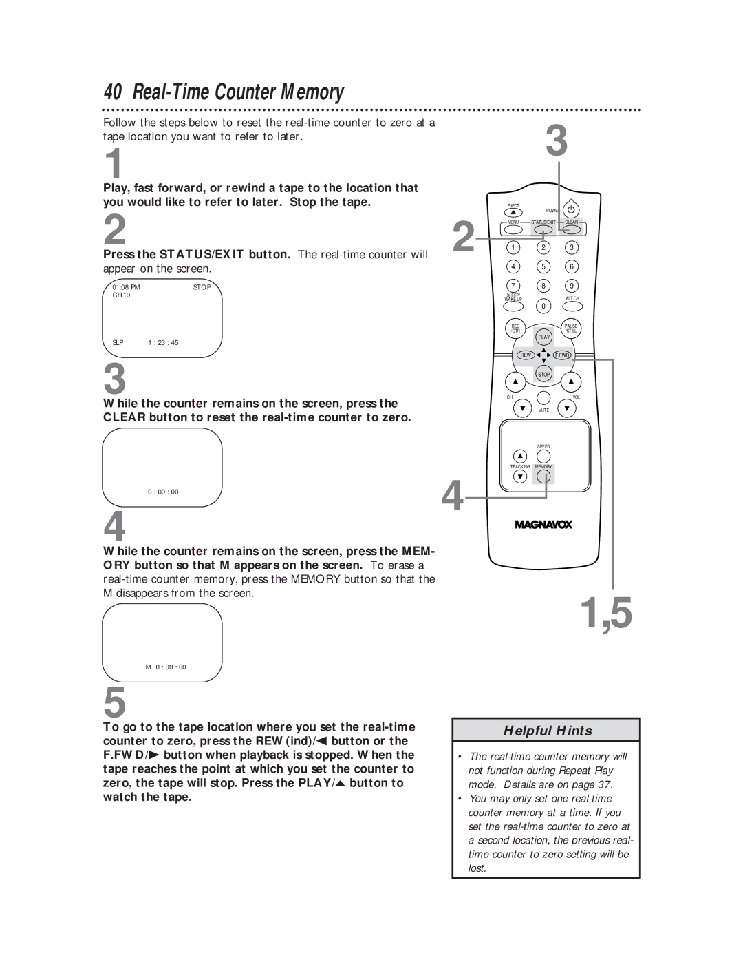 Magnavox CC13C1MG, CC19C1MG owner manual Real-Time Counter Memory, Appear on the screen, Stop 