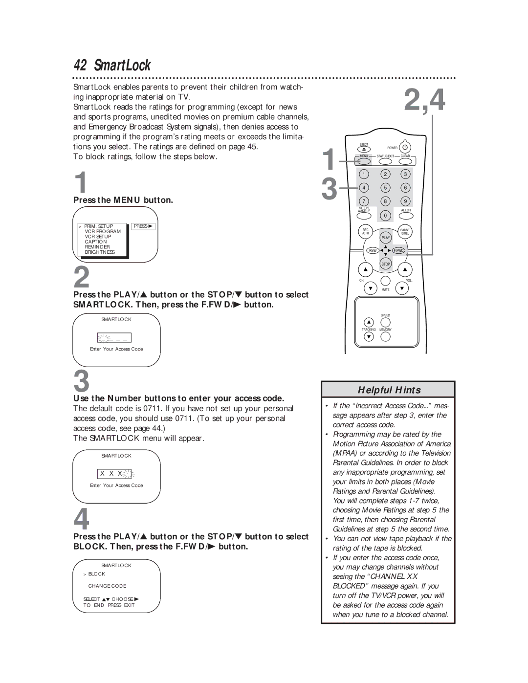 Magnavox CC13C1MG, CC19C1MG owner manual SmartLock, To block ratings, follow the steps below, Smartlock menu will appear 