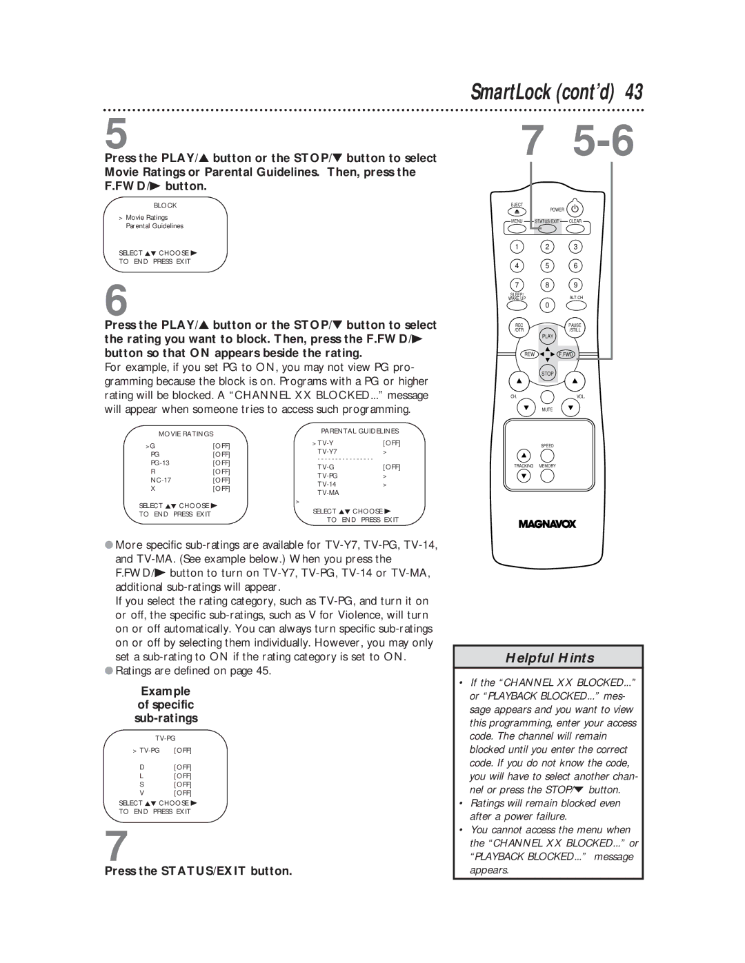 Magnavox CC19C1MG, CC13C1MG owner manual SmartLock cont’d, Ratings are defined on, Example Specific Sub-ratings 