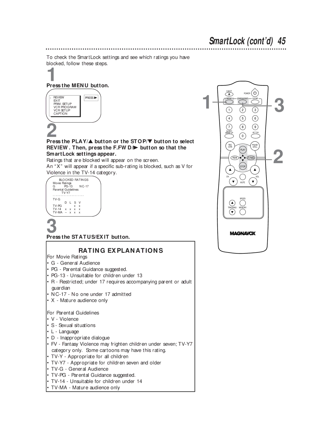 Magnavox CC19C1MG, CC13C1MG owner manual Blocked Ratings, TV-Y7 TV-G 