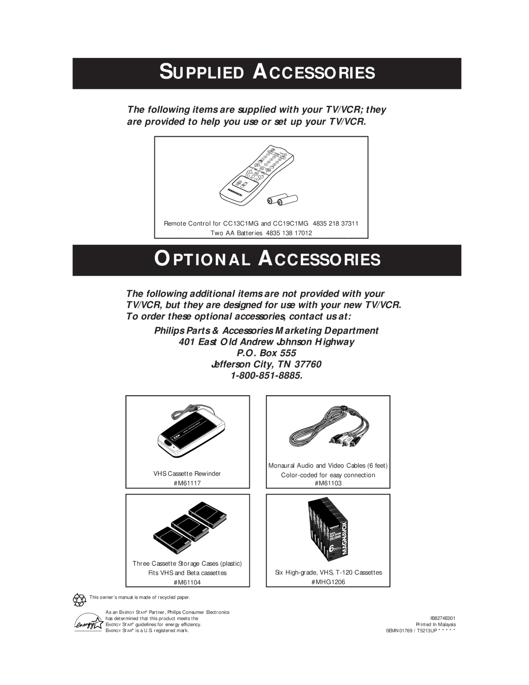 Magnavox CC13C1MG, CC19C1MG owner manual Supplied Accessories 