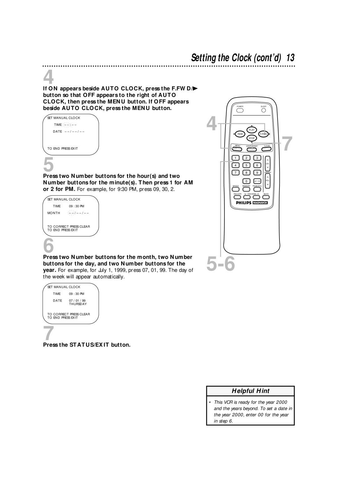 Magnavox CCA252AT99 owner manual Setting the Clock cont’d 