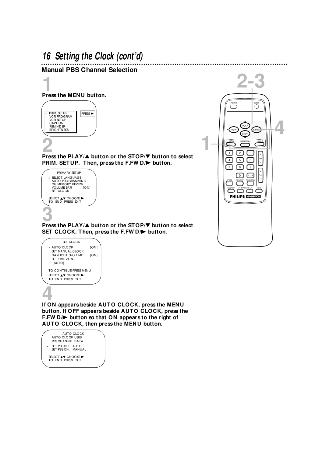 Magnavox CCA252AT99 owner manual Manual PBS Channel Selection 