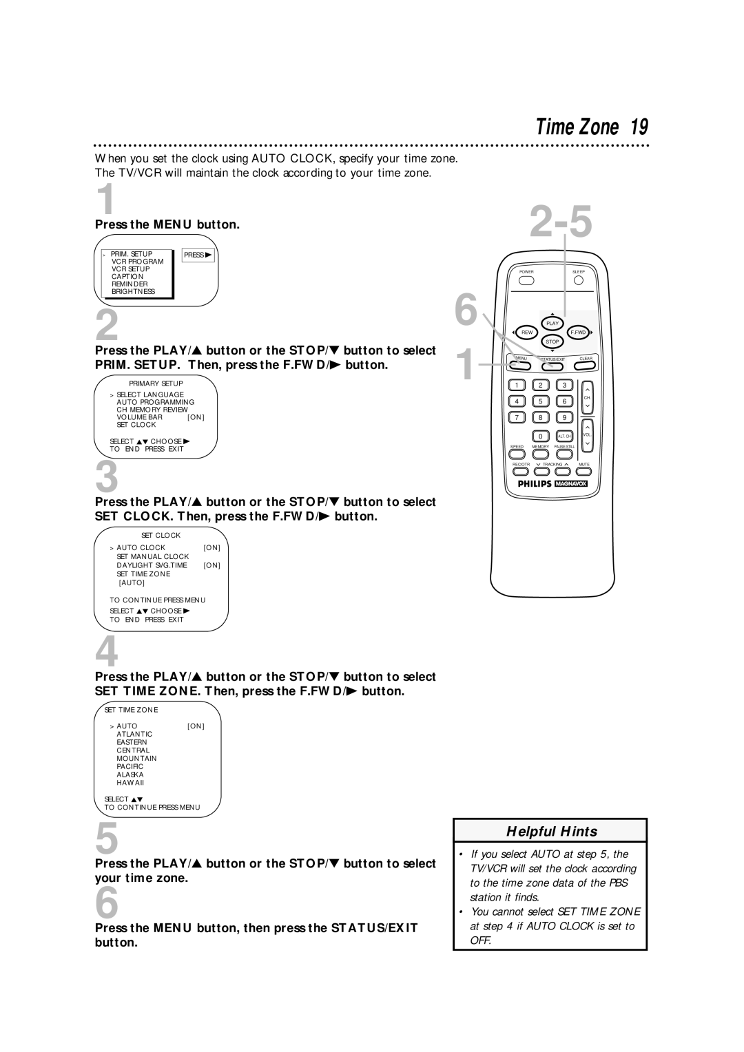 Magnavox CCA252AT99 owner manual Time Zone 