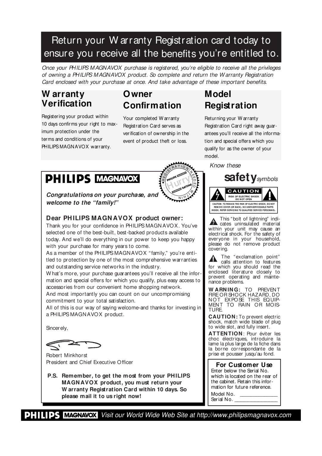 Magnavox CCA252AT99 owner manual Dear Philips Magnavox product owner, For Customer Use 