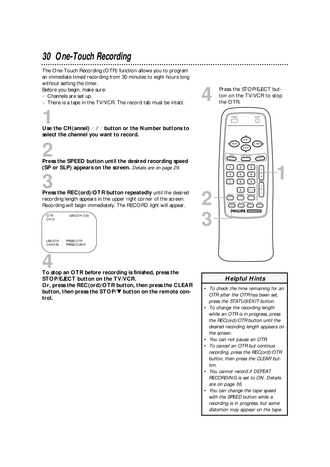 Magnavox CCA252AT99 owner manual One-Touch Recording, Otr 