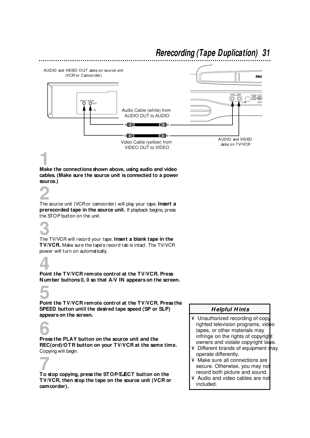 Magnavox CCA252AT99 owner manual Rerecording Tape Duplication, Different brands of equipment may operate differently 