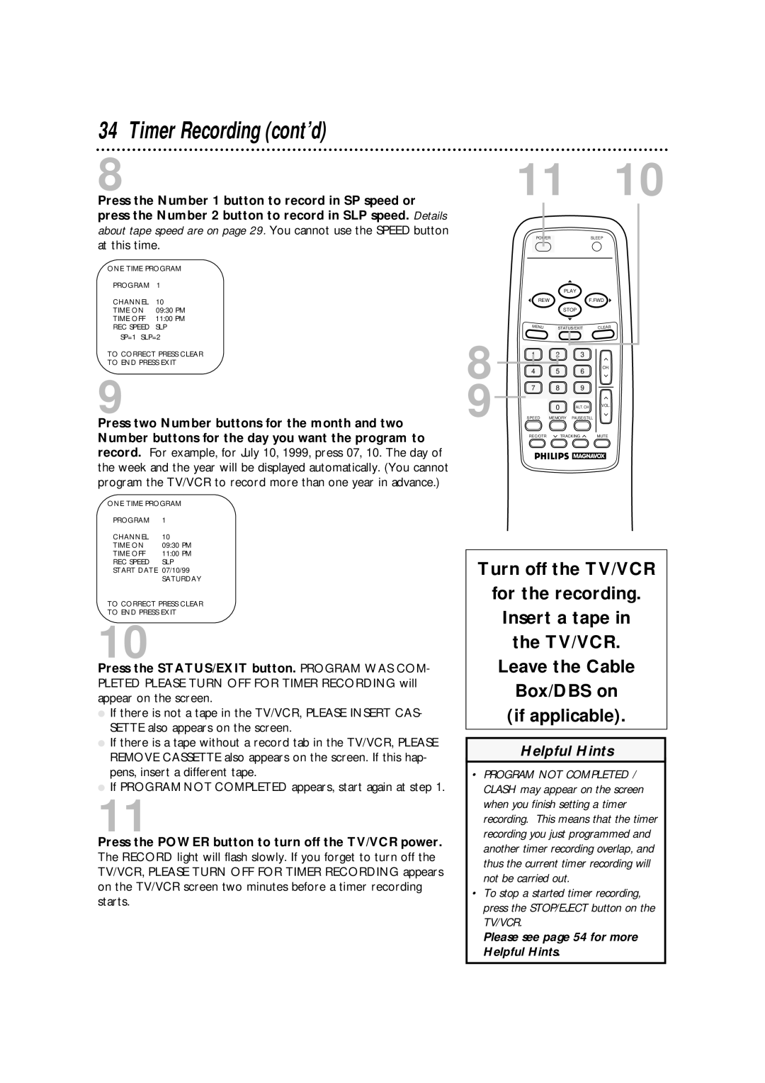 Magnavox CCA252AT99 owner manual Timer Recording cont’d 