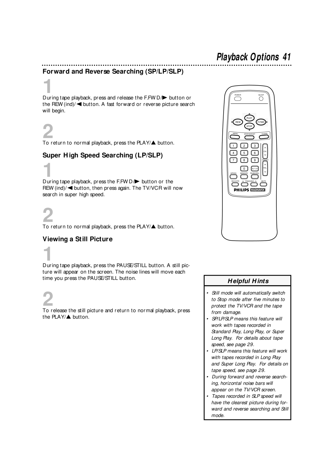 Magnavox CCA252AT99 Playback Options, Forward and Reverse Searching SP/LP/SLP, Super High Speed Searching LP/SLP 