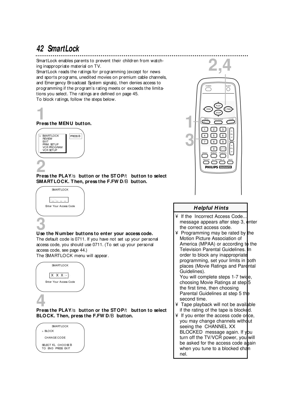 Magnavox CCA252AT99 owner manual SmartLock, Press the Menu button 