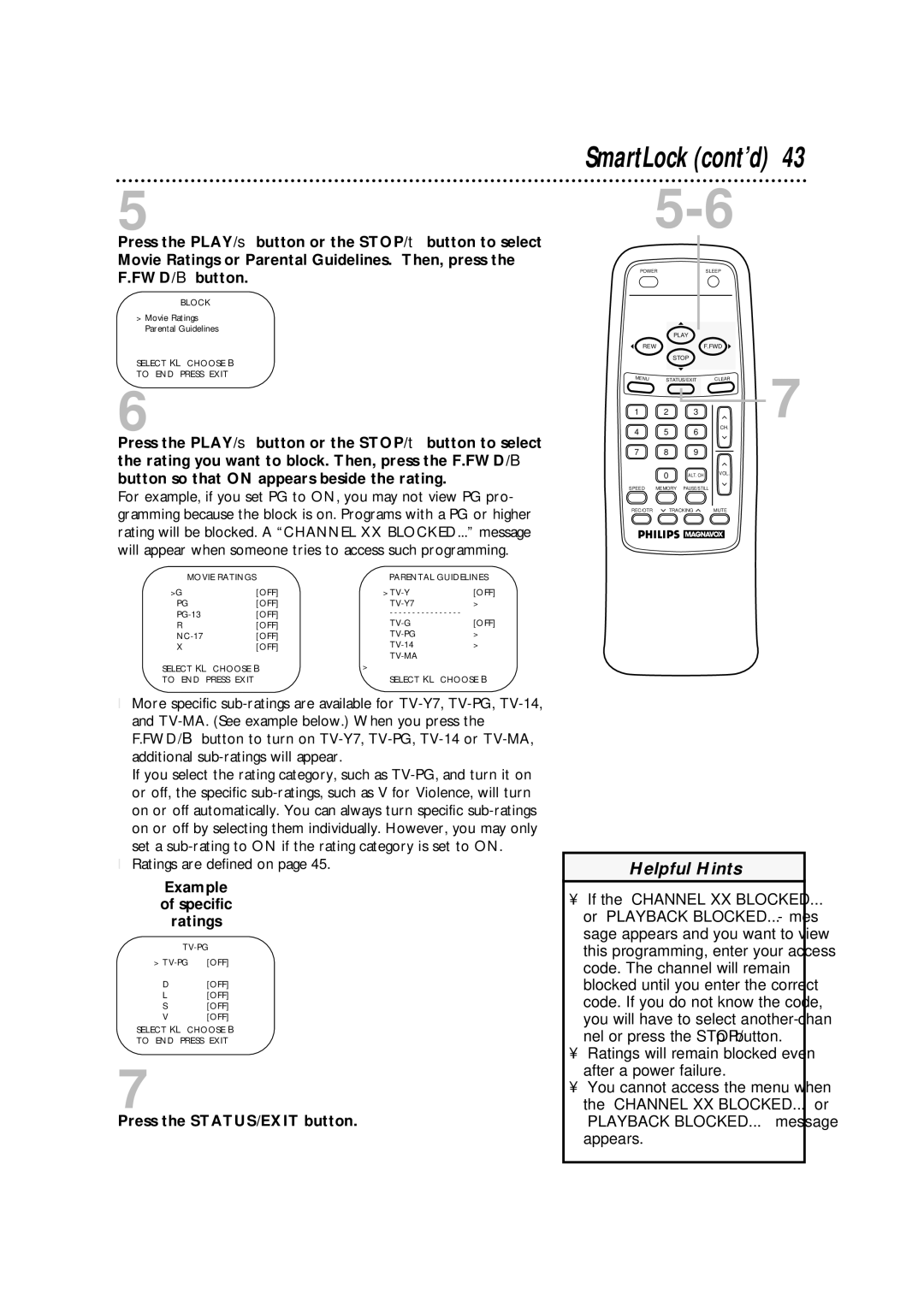 Magnavox CCA252AT99 owner manual SmartLock cont’d, Example Specific Ratings 