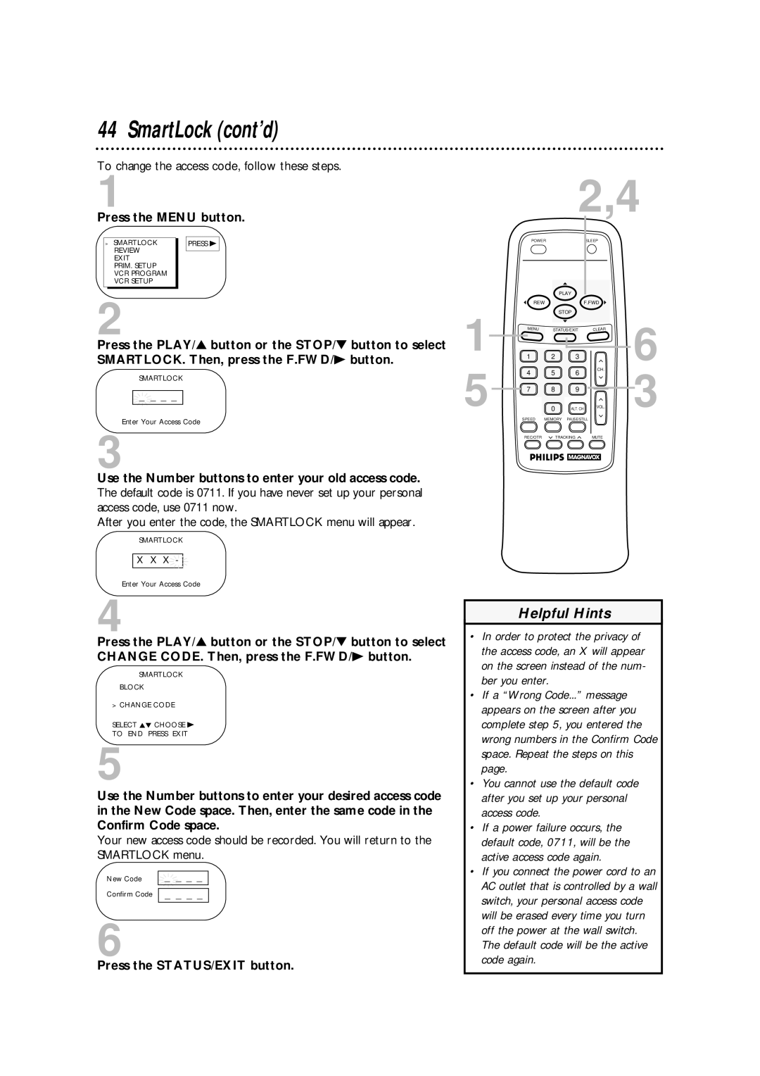 Magnavox CCA252AT99 owner manual To change the access code, follow these steps 