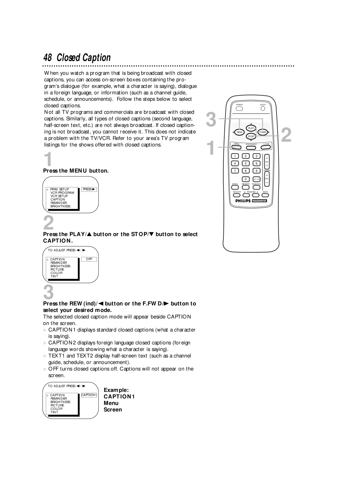 Magnavox CCA252AT99 owner manual Closed Caption, Example, Menu, Screen 