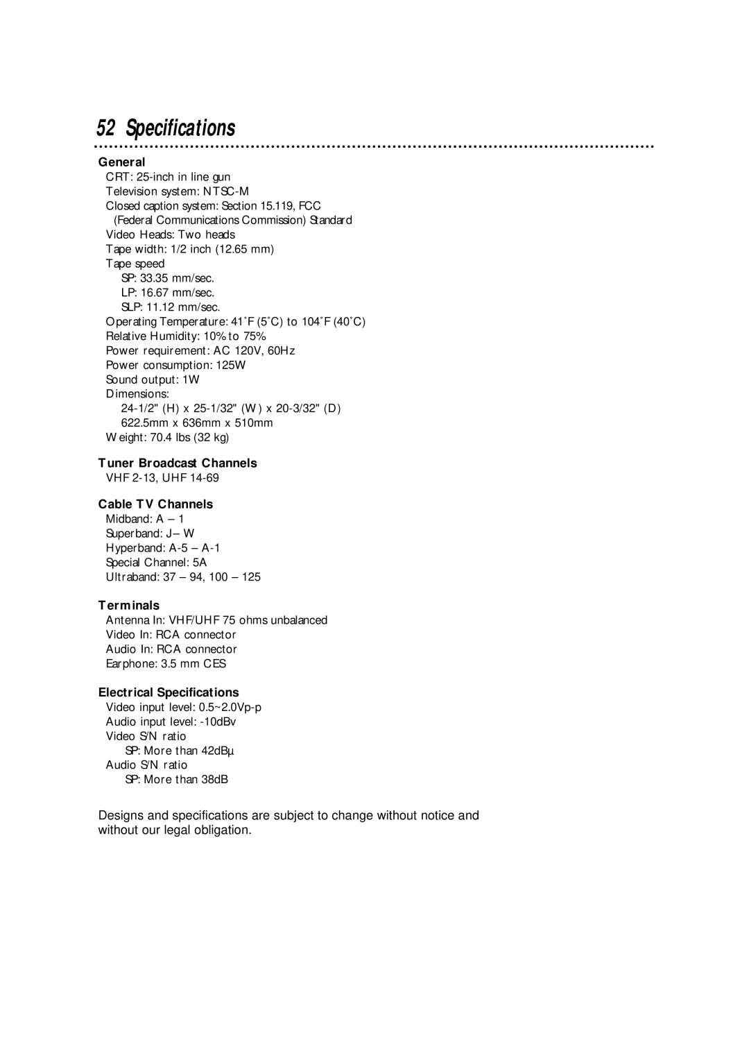 Magnavox CCA252AT99 owner manual Specifications 