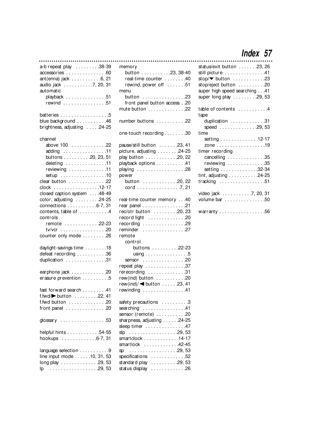 Magnavox CCA252AT99 owner manual Index, Deleting Reviewing Setup 