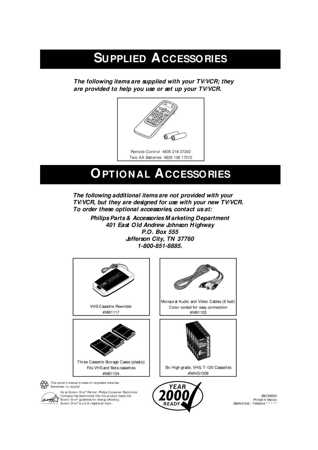 Magnavox CCA252AT99 owner manual Supplied Accessories 