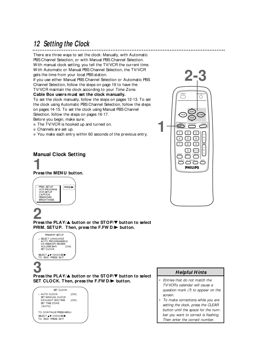 Magnavox CCB130CN, CCB190CN Setting the Clock, Manual Clock Setting, Cable Box users must set the clock manually 