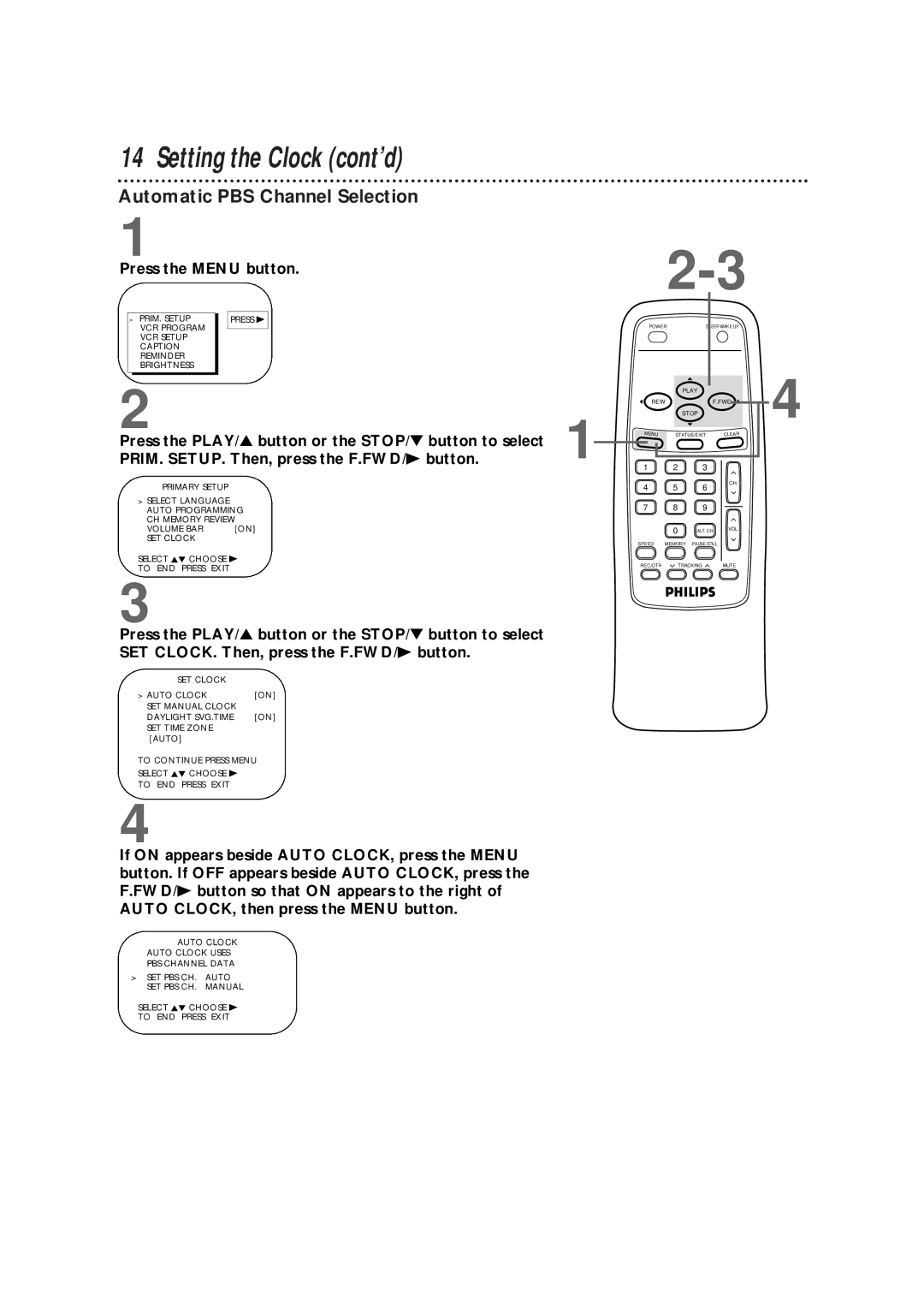 Magnavox CCB130CN, CCB190CN owner manual Setting the Clock cont’d, Automatic PBS Channel Selection 