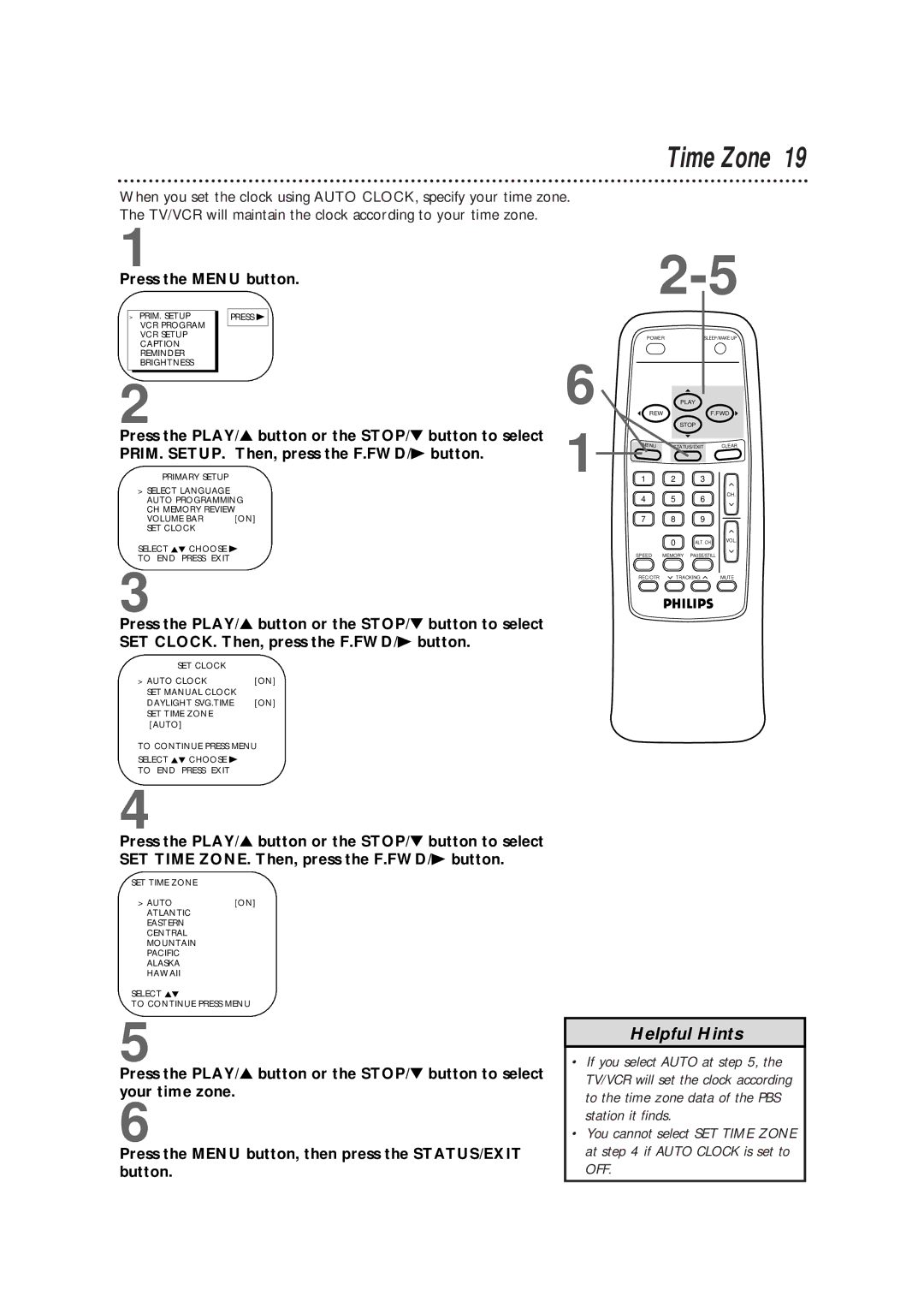 Magnavox CCB190CN, CCB130CN owner manual Time Zone 