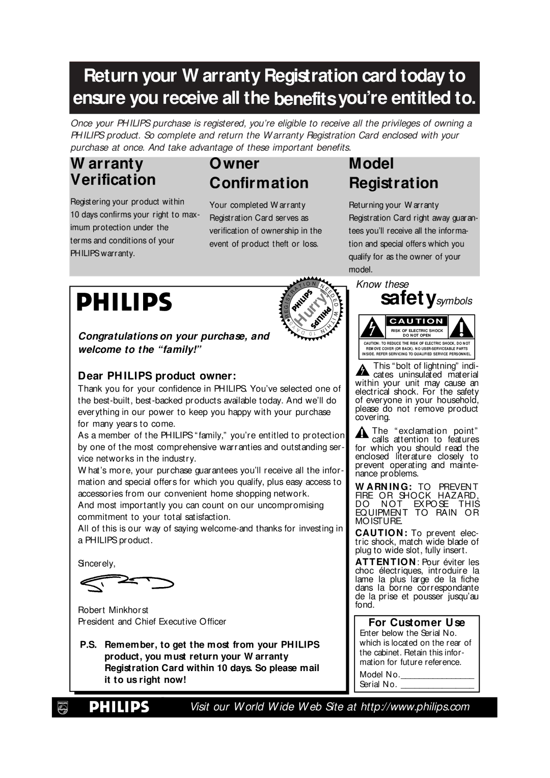 Magnavox CCB130CN, CCB190CN owner manual Dear Philips product owner, For Customer Use 