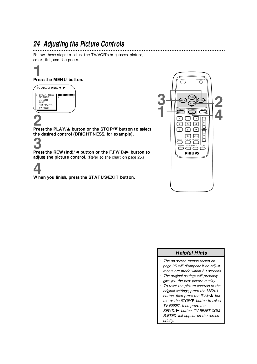 Magnavox CCB130CN, CCB190CN owner manual Adjusting the Picture Controls, Press the Menu button 