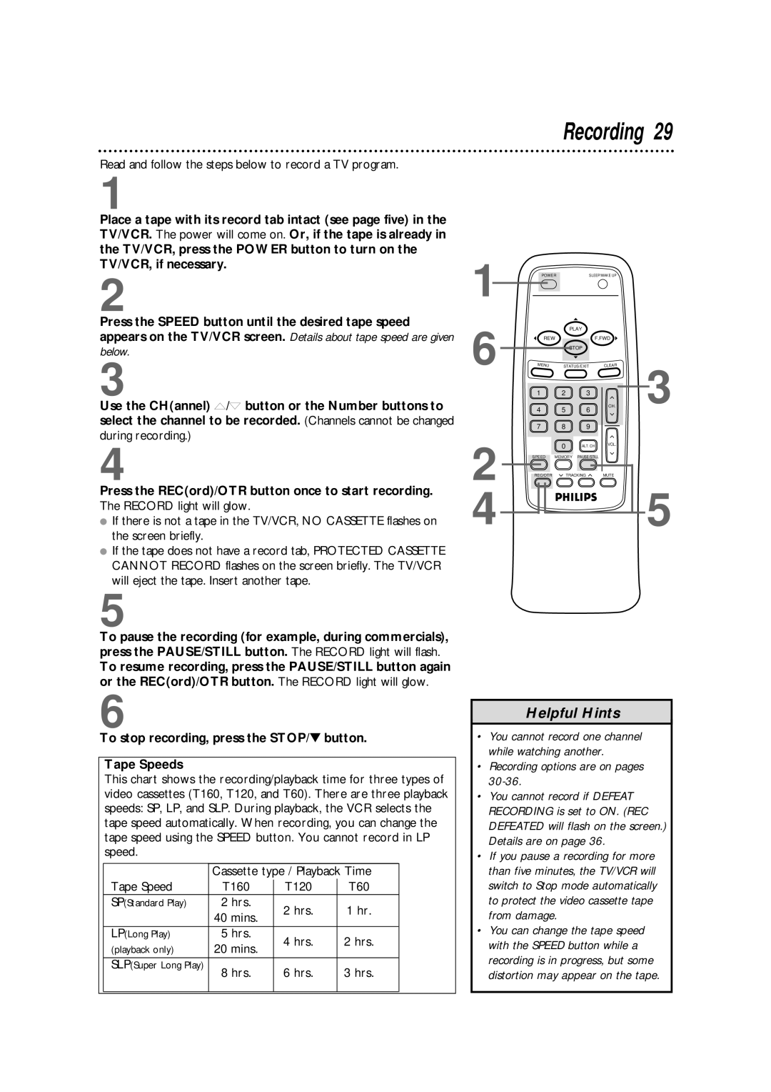 Magnavox CCB190CN, CCB130CN owner manual Recording, To stop recording, press the STOP/ button Tape Speeds 