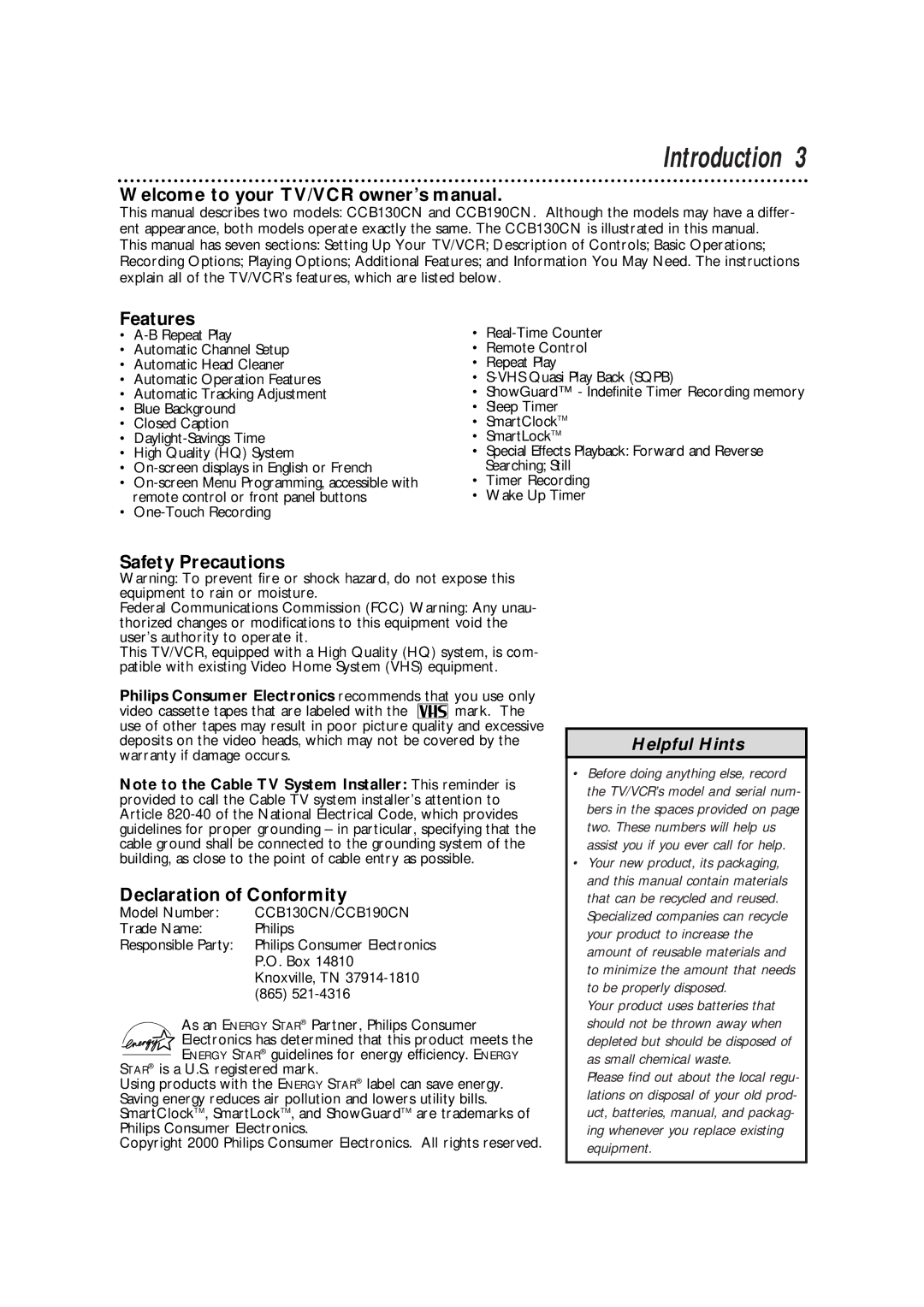 Magnavox CCB190CN, CCB130CN owner manual Introduction, Features, Safety Precautions, Declaration of Conformity 