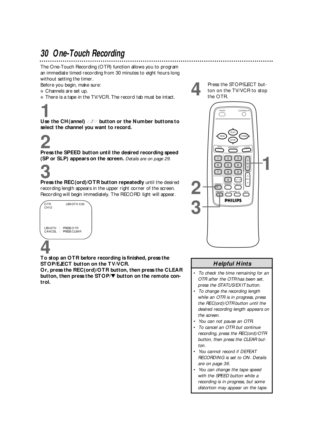 Magnavox CCB130CN, CCB190CN owner manual One-Touch Recording, Otr 