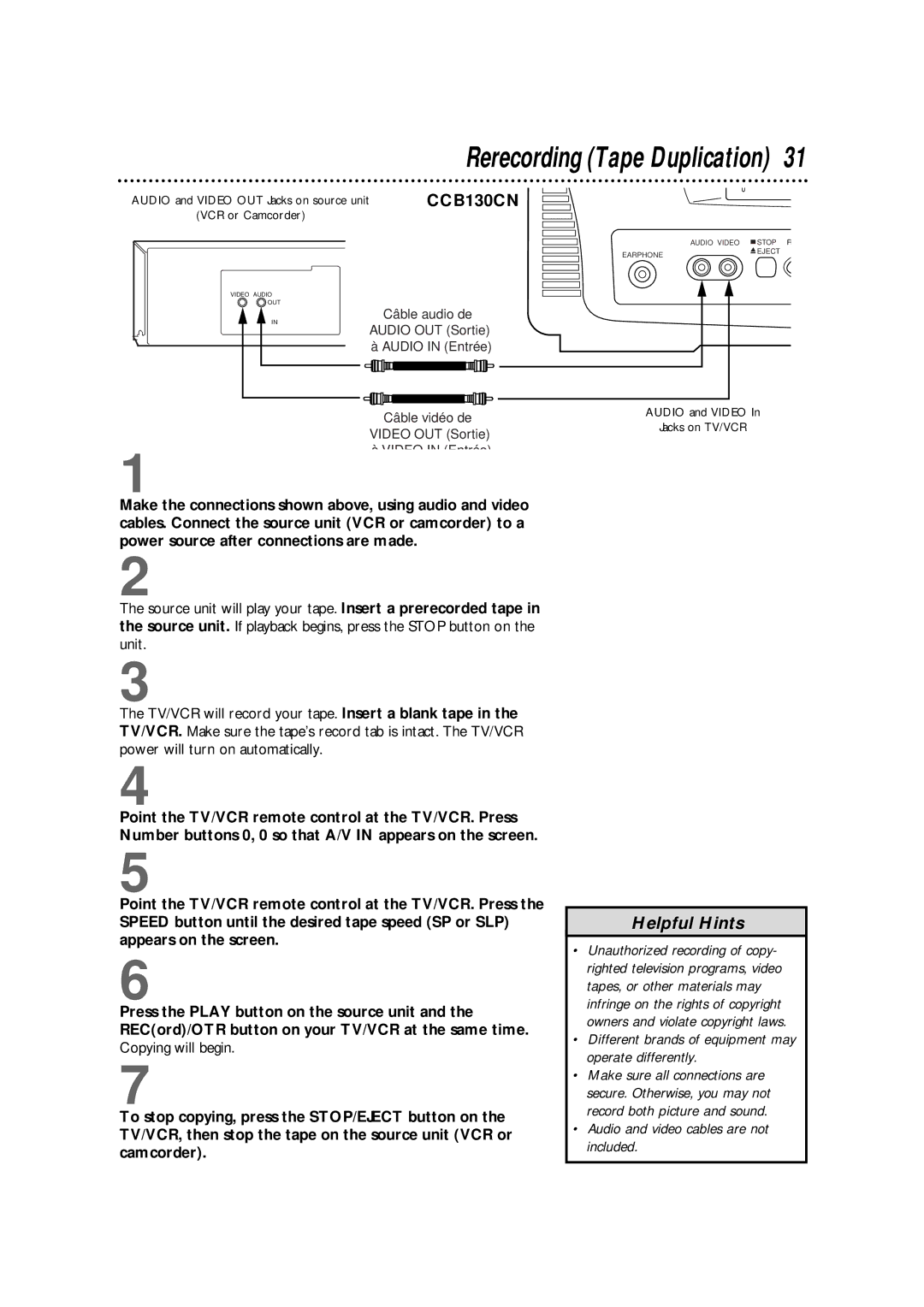 Magnavox CCB190CN, CCB130CN owner manual Rerecording Tape Duplication, Different brands of equipment may operate differently 