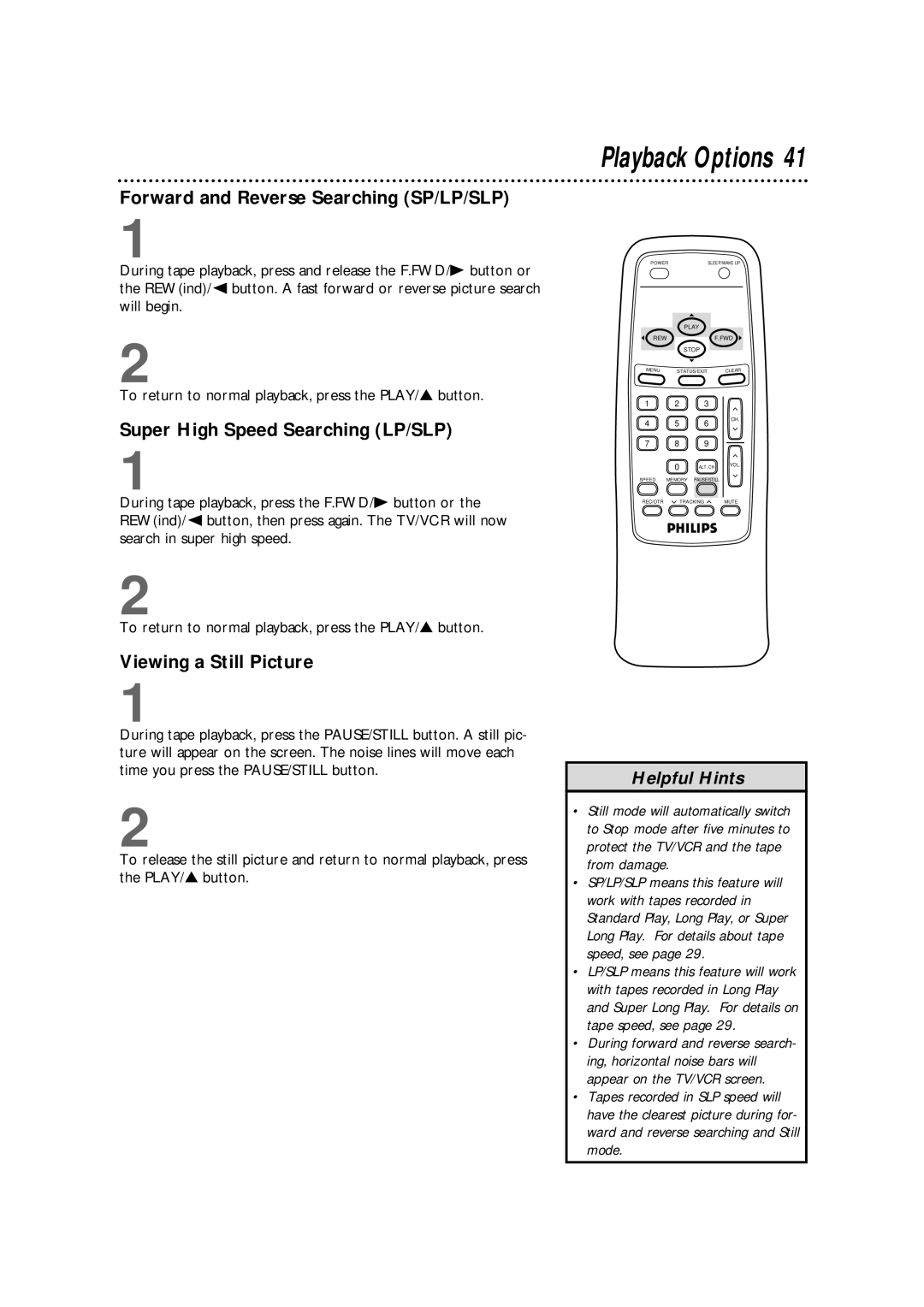 Magnavox CCB190CN, CCB130CN Playback Options, Forward and Reverse Searching SP/LP/SLP, Super High Speed Searching LP/SLP 