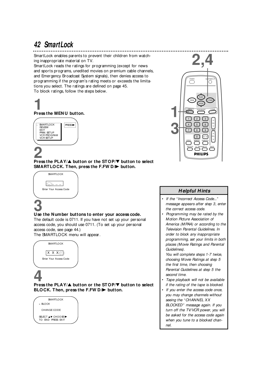 Magnavox CCB130CN, CCB190CN owner manual SmartLock, Press the Menu button 