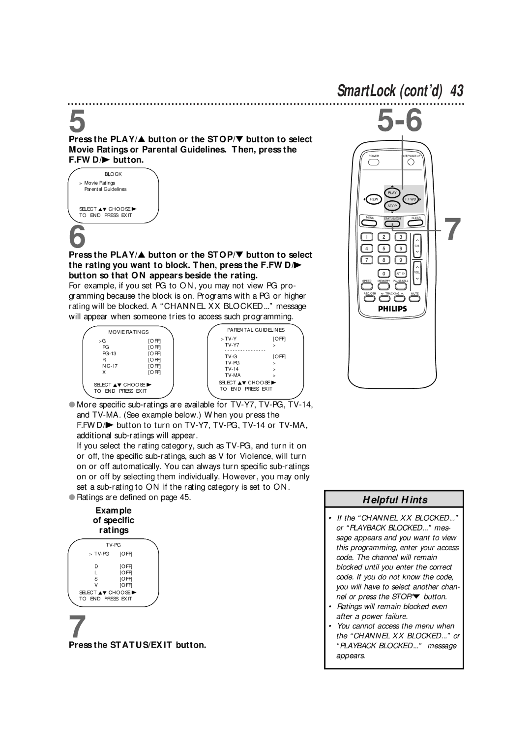 Magnavox CCB190CN, CCB130CN owner manual SmartLock cont’d, Example Specific Ratings 