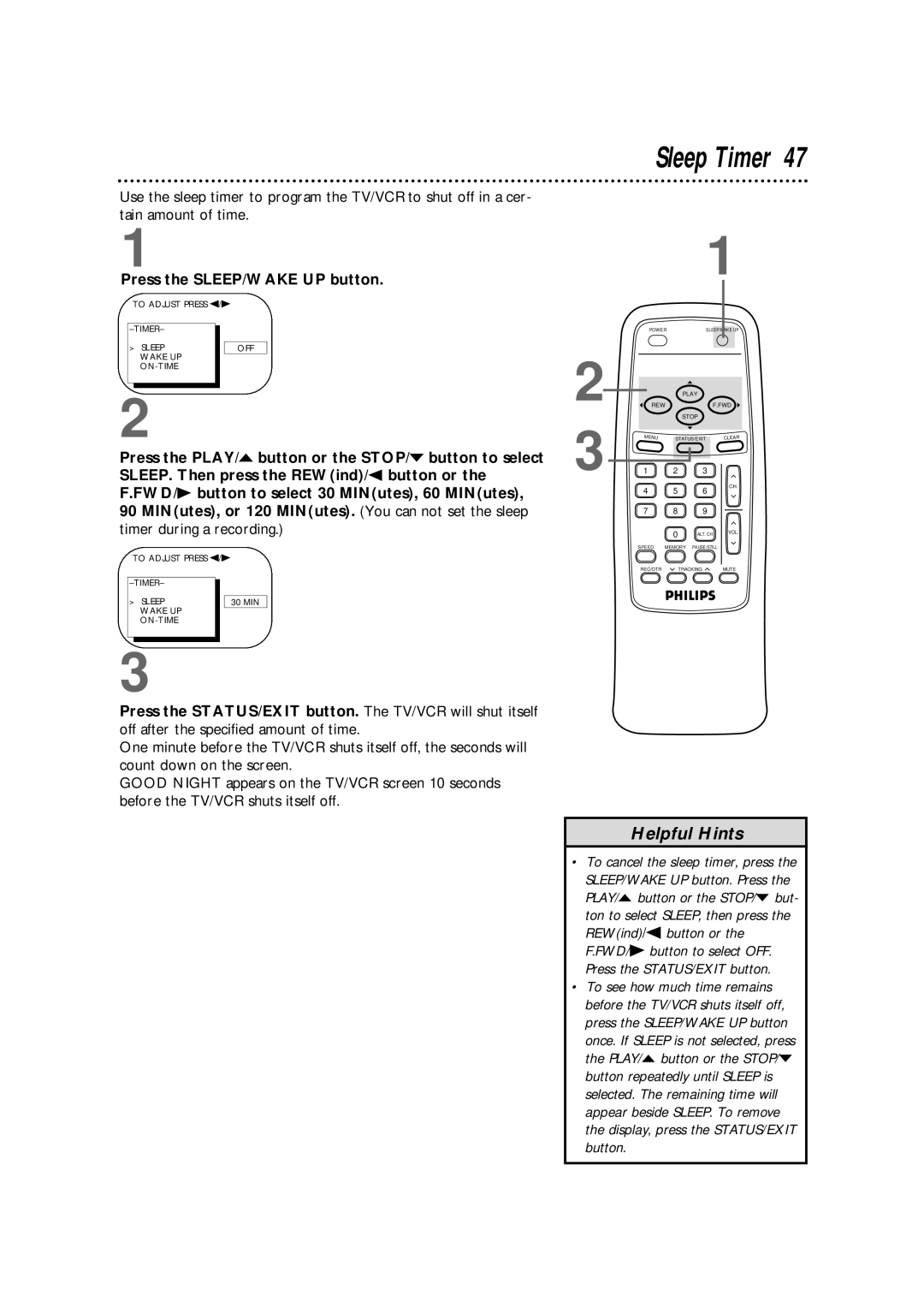 Magnavox CCB190CN, CCB130CN owner manual Sleep Timer, Press the SLEEP/WAKE UP button 