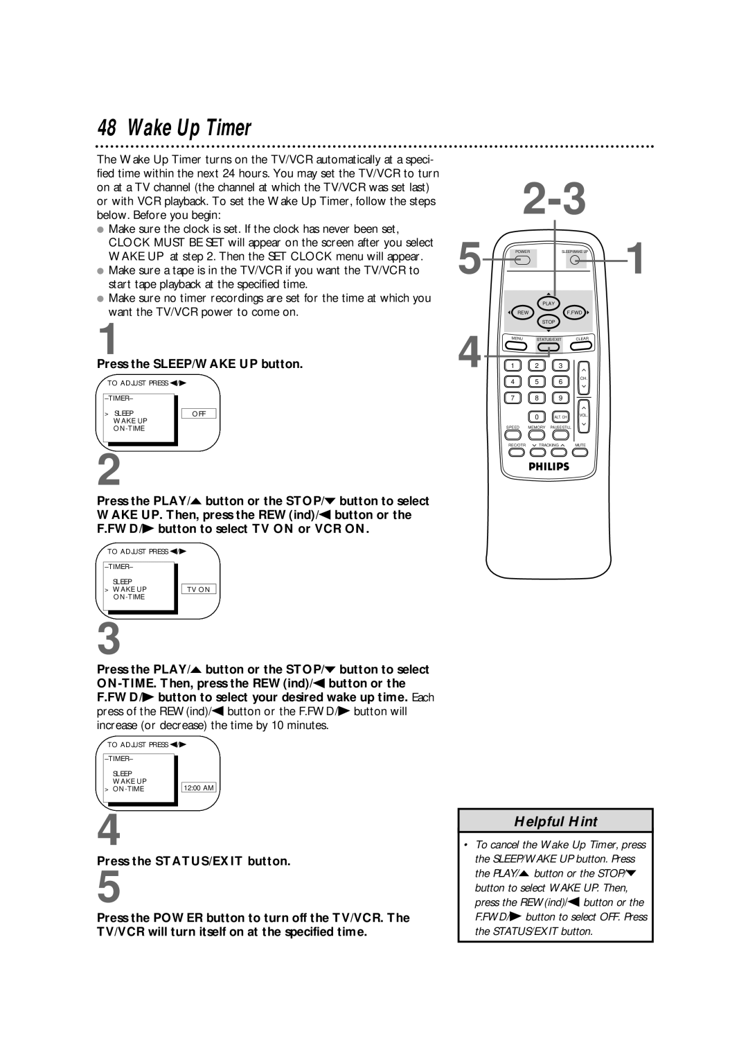 Magnavox CCB130CN, CCB190CN owner manual Wake Up Timer, Timer Sleep Wake UP TV on ON-TIME 