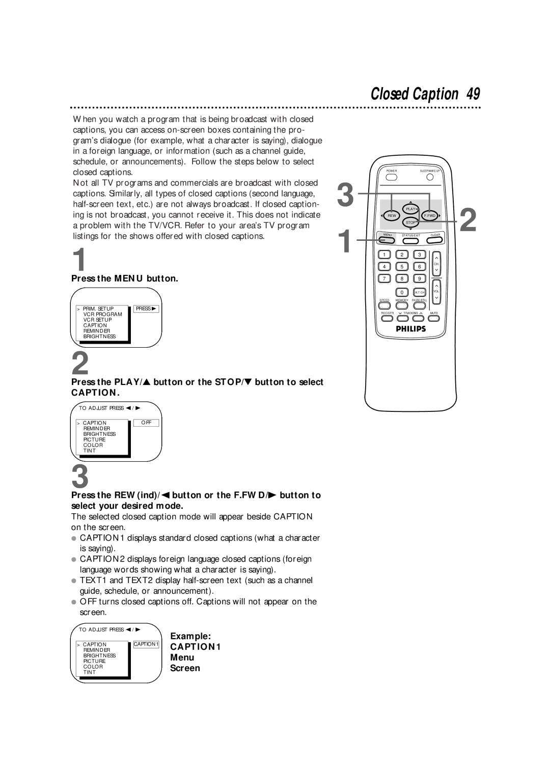 Magnavox CCB190CN, CCB130CN owner manual Closed Caption, Example, Menu, Screen 