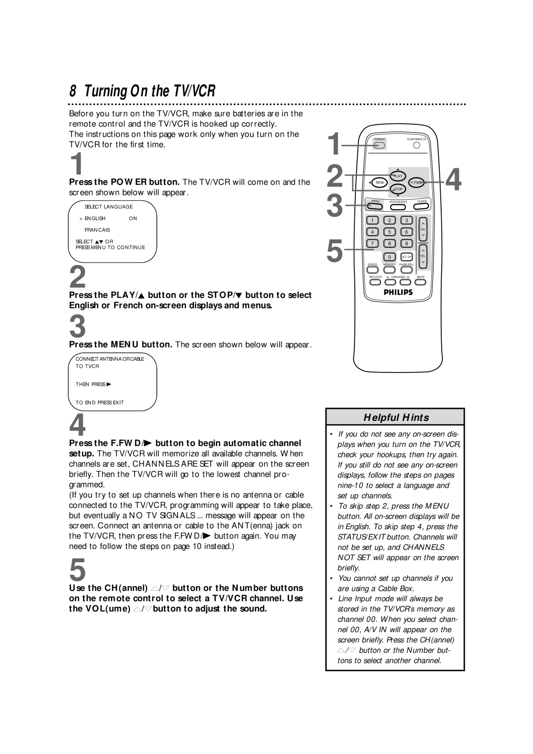 Magnavox CCB130CN, CCB190CN owner manual Turning On the TV/VCR, You cannot set up channels if you are using a Cable Box 