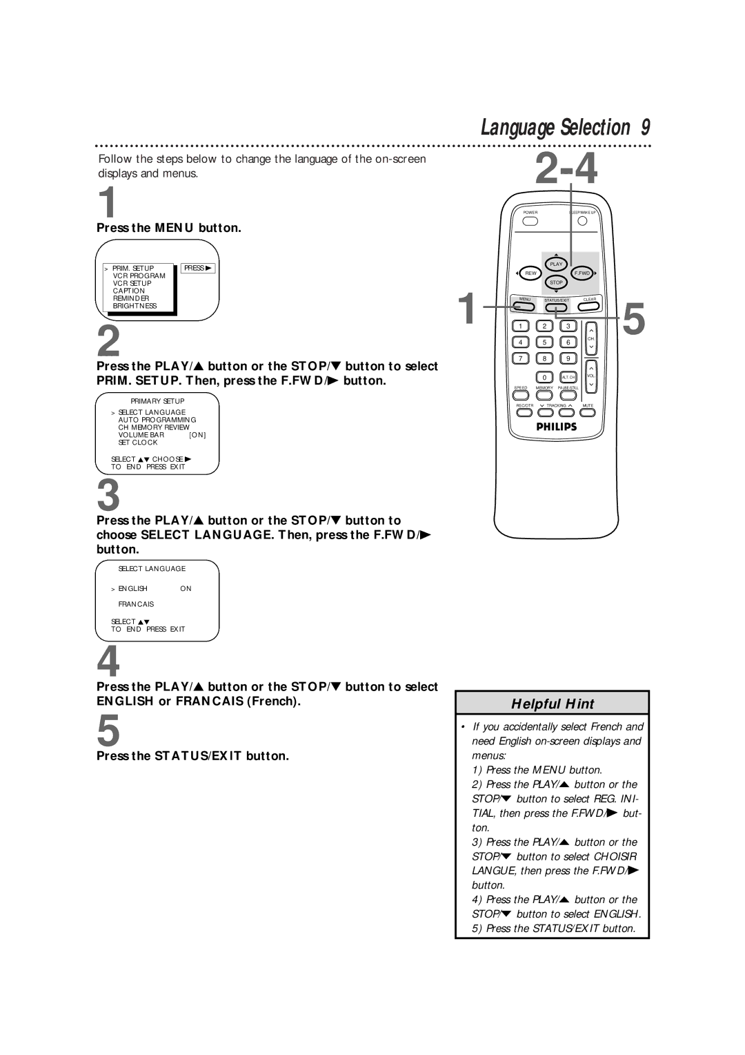 Magnavox CCB190CN, CCB130CN owner manual Language Selection, Press the Menu button 